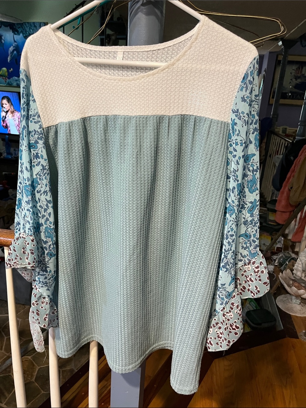 Casual Mixed-Print Women's Top in Light Aqua and Cream
